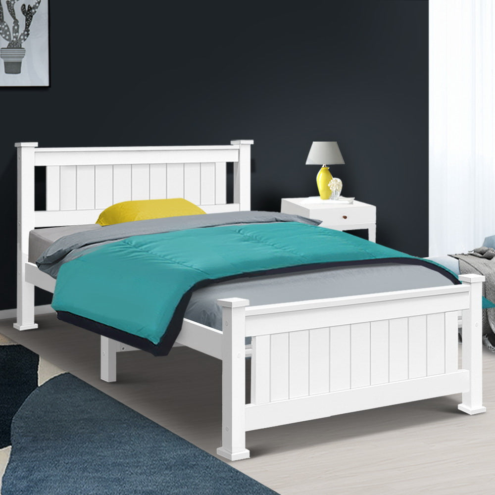 White Hamptons Style Wooden Bed Frame - King Single